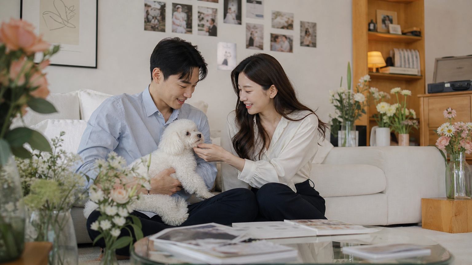 결혼 준비 중인 커플의 일상적인 집 안 분위기와 취향을 반영한 장식